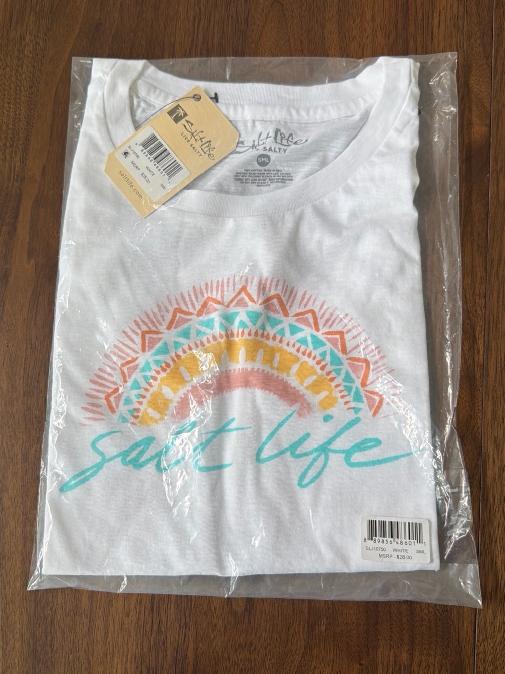 Salt Life White Tee with Teal, Yellow & Coral Sunburst Graphic